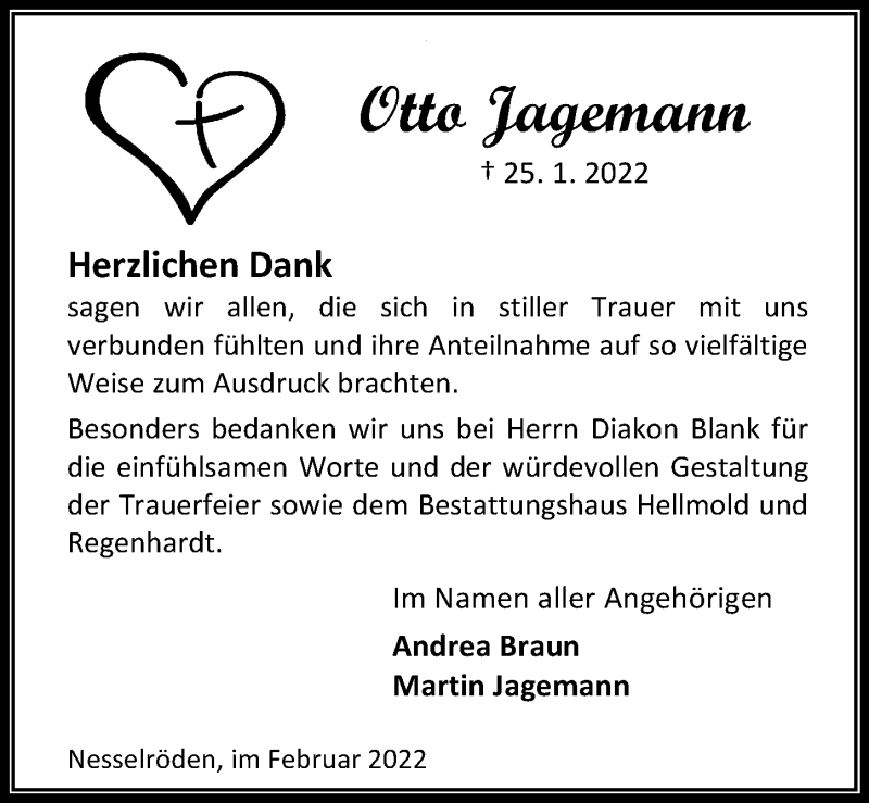  Traueranzeige für Otto Jagemann vom 19.02.2022 aus Eichsfelder Tageblatt