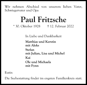 Traueranzeige von Paul Fritzsche von Lübecker Nachrichten