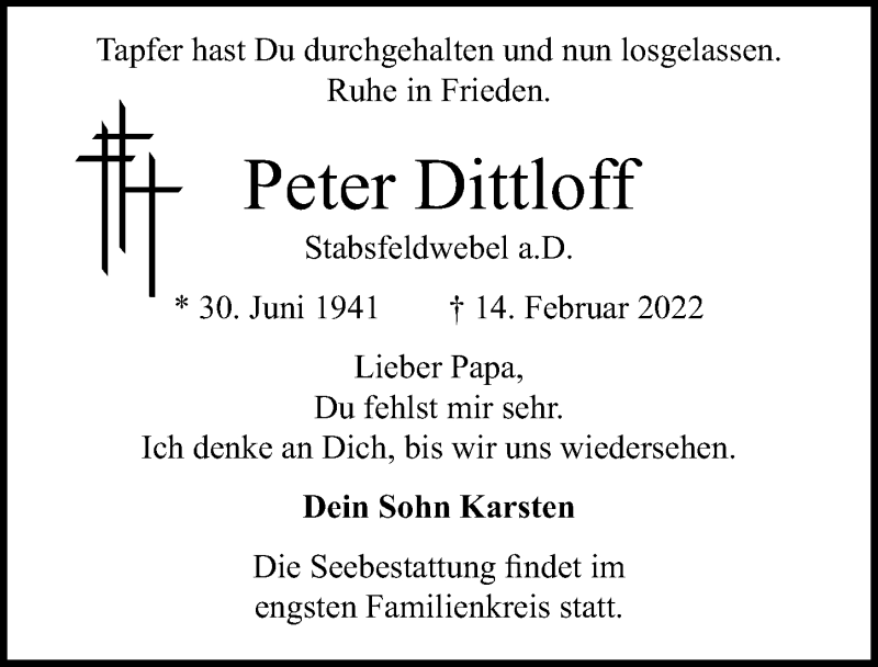  Traueranzeige für Peter Dittloff vom 27.02.2022 aus Lübecker Nachrichten