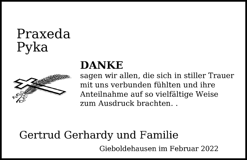  Traueranzeige für Praxeda Pyka vom 22.02.2022 aus Eichsfelder Tageblatt