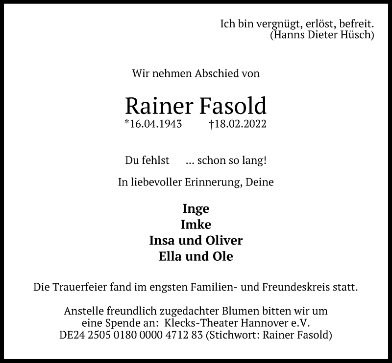  Traueranzeige für Rainer Fasold vom 26.02.2022 aus Hannoversche Allgemeine Zeitung/Neue Presse