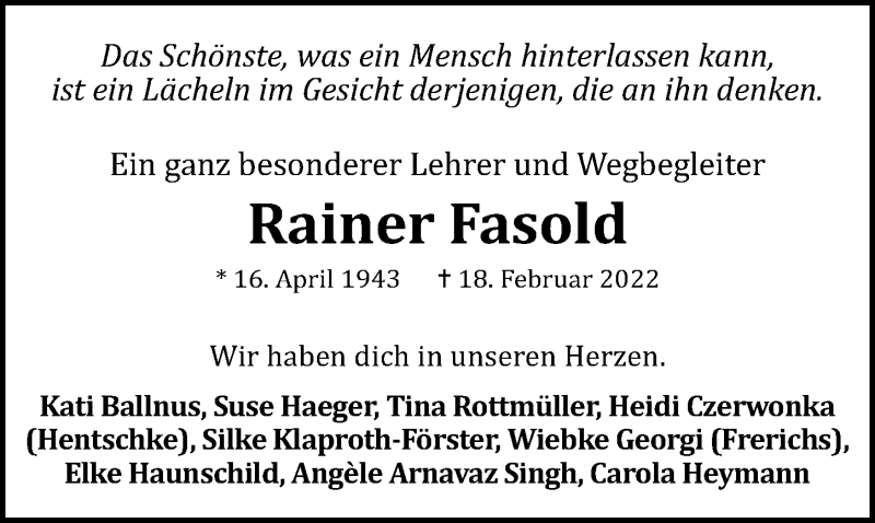  Traueranzeige für Rainer Fasold vom 26.02.2022 aus Hannoversche Allgemeine Zeitung/Neue Presse