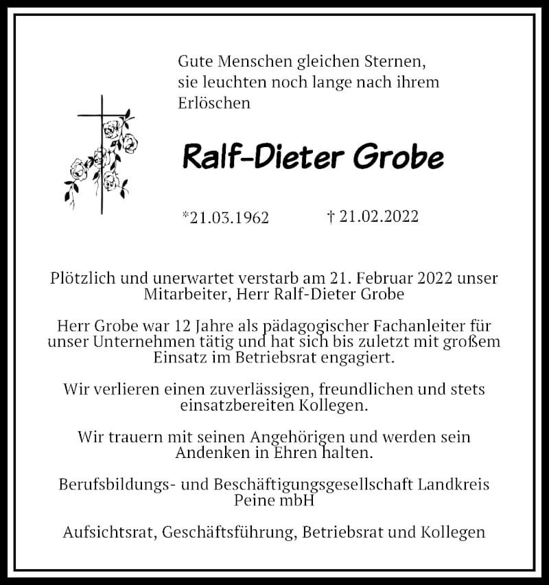  Traueranzeige für Ralf-Dieter Grobe vom 26.02.2022 aus Peiner Allgemeine Zeitung