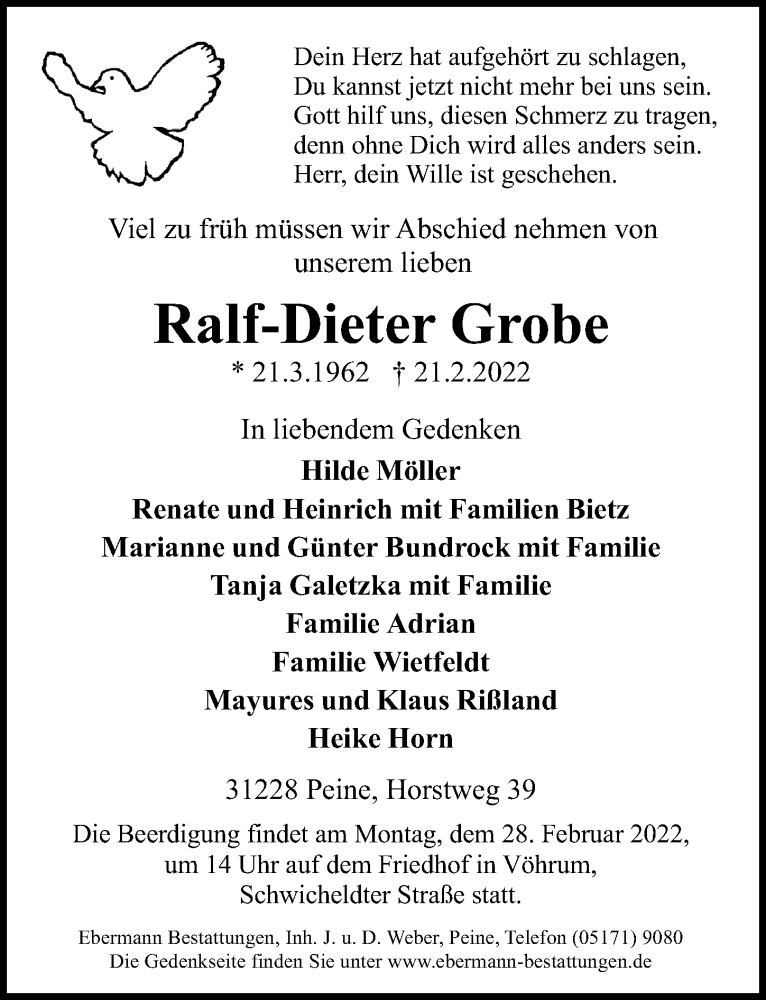  Traueranzeige für Ralf-Dieter Grobe vom 25.02.2022 aus Peiner Allgemeine Zeitung