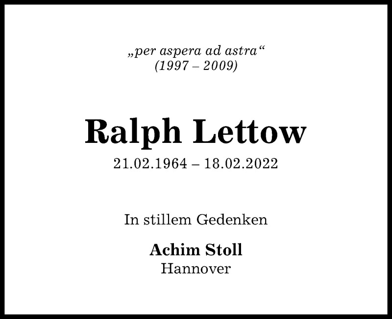  Traueranzeige für Ralph Lettow vom 23.02.2022 aus Hannoversche Allgemeine Zeitung/Neue Presse