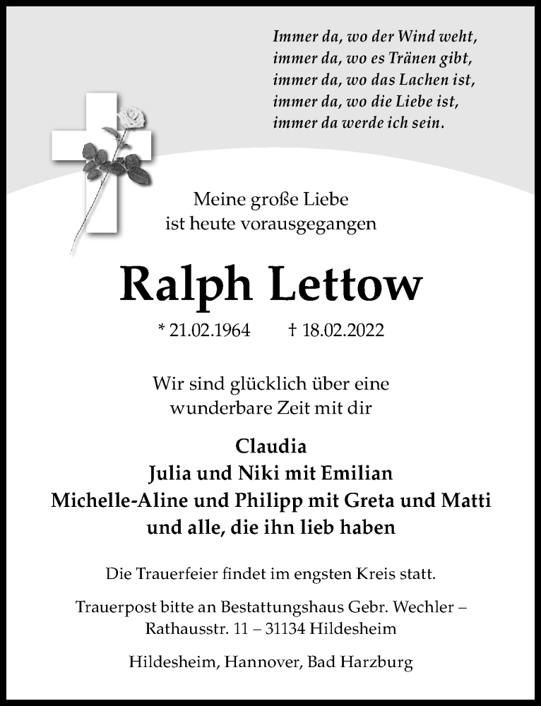  Traueranzeige für Ralph Lettow vom 23.02.2022 aus Hannoversche Allgemeine Zeitung/Neue Presse