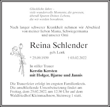 Traueranzeige von Reina Schlender von Märkischen Allgemeine Zeitung