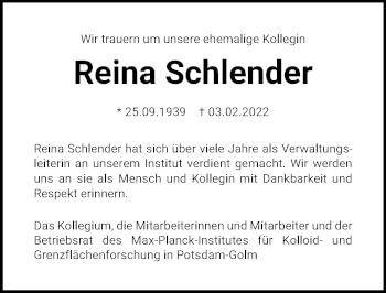 Traueranzeige von Reina Schlender von Märkischen Allgemeine Zeitung