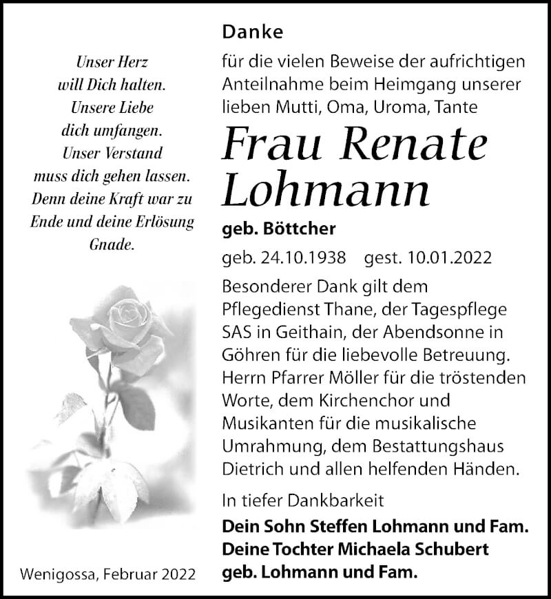  Traueranzeige für Renate Lohmann vom 19.02.2022 aus Leipziger Volkszeitung