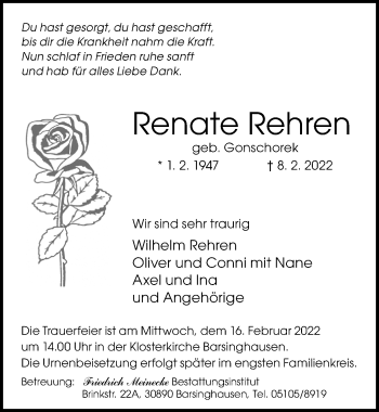 Traueranzeige von Renate Rehren von Hannoversche Allgemeine Zeitung/Neue Presse