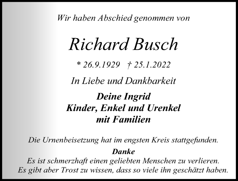  Traueranzeige für Richard Busch vom 13.02.2022 aus Lübecker Nachrichten