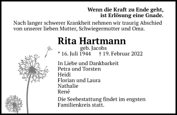 Traueranzeige von Rita Hartmann von Lübecker Nachrichten