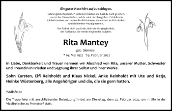 Traueranzeige von Rita Mantey von Lübecker Nachrichten