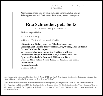 Traueranzeige von Rita Schroeder von Lübecker Nachrichten