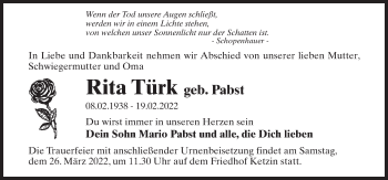 Traueranzeige von Rita Türk von Märkischen Allgemeine Zeitung