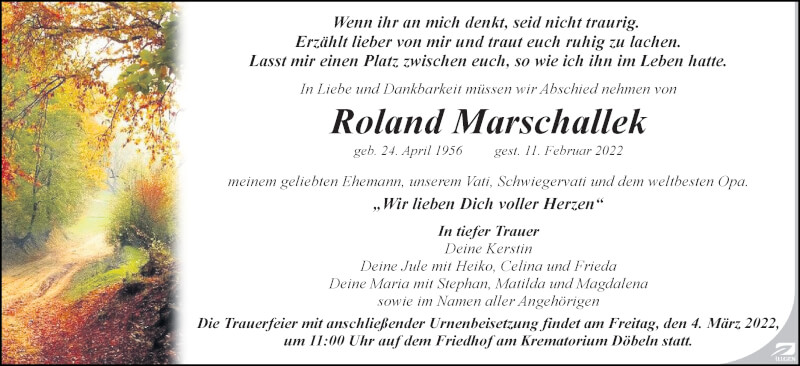  Traueranzeige für Roland Marschallek vom 19.02.2022 aus Leipziger Volkszeitung