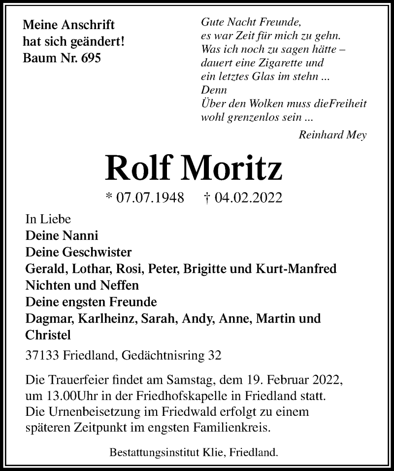  Traueranzeige für Rolf Moritz vom 12.02.2022 aus Göttinger Tageblatt