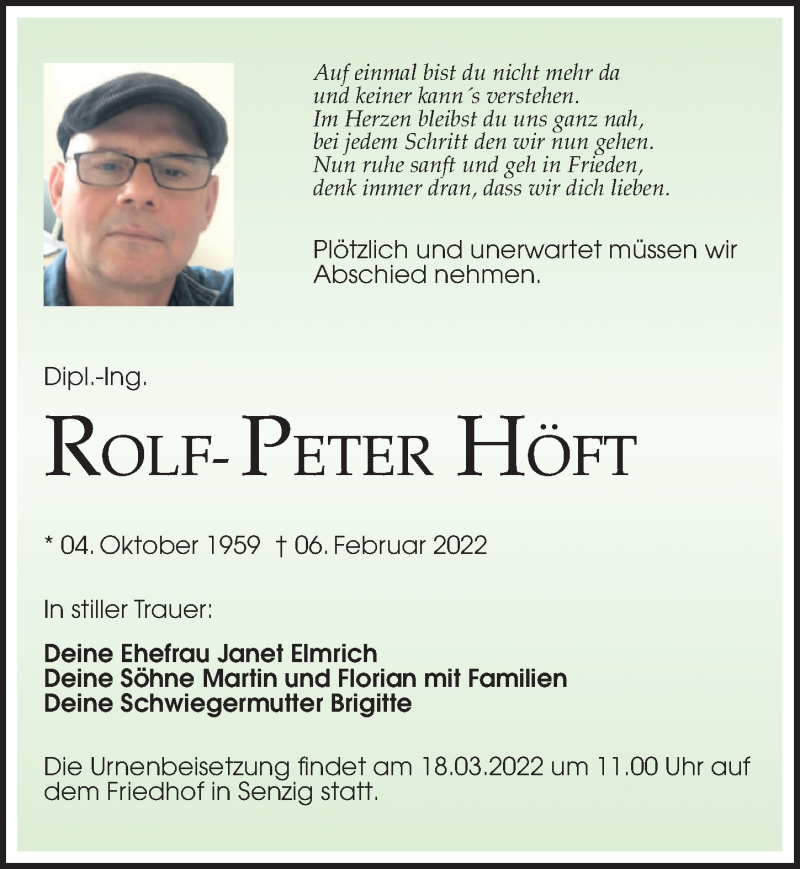  Traueranzeige für Rolf-Peter Höft vom 26.02.2022 aus Märkischen Allgemeine Zeitung