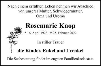 Traueranzeige von Rosemarie Knop von Ostsee-Zeitung GmbH