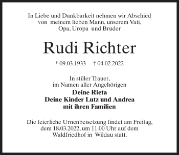 Traueranzeige von Rudi Richter von Märkischen Allgemeine Zeitung