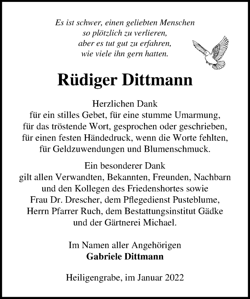  Traueranzeige für Rüdiger Dittmann vom 04.02.2022 aus Märkischen Allgemeine Zeitung