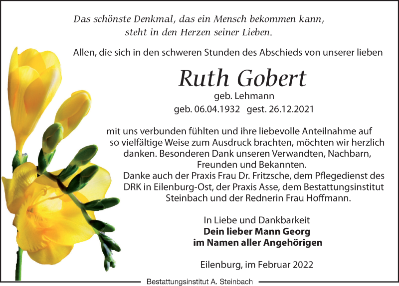  Traueranzeige für Ruth Gobert vom 12.02.2022 aus Leipziger Volkszeitung