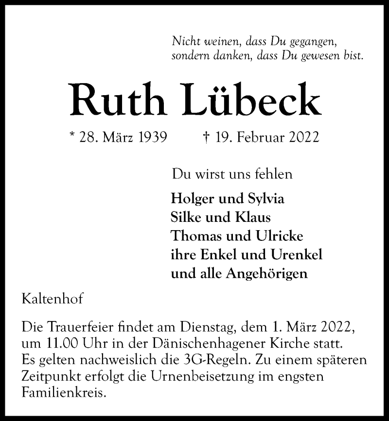  Traueranzeige für Ruth Lübeck vom 26.02.2022 aus Kieler Nachrichten