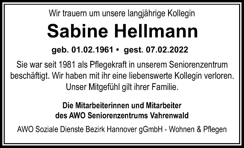  Traueranzeige für Sabine Hellmann vom 16.02.2022 aus Hannoversche Allgemeine Zeitung/Neue Presse