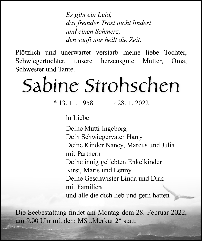  Traueranzeige für Sabine Strohschen vom 05.02.2022 aus Ostsee-Zeitung GmbH