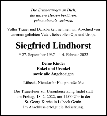Traueranzeige von Siegfried Lindhorst von Lübecker Nachrichten