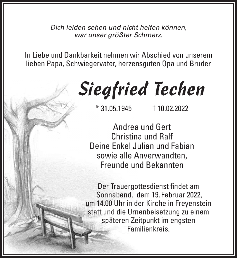  Traueranzeige für Siegfried Techen vom 16.02.2022 aus Märkischen Allgemeine Zeitung