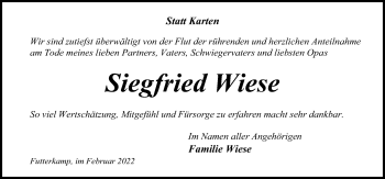 Traueranzeige von Siegfried Wiese von Kieler Nachrichten