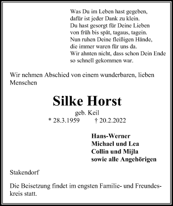 Traueranzeige von Silke Horst von Kieler Nachrichten