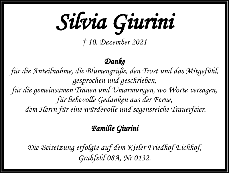  Traueranzeige für Silvia Giurini vom 05.02.2022 aus Kieler Nachrichten