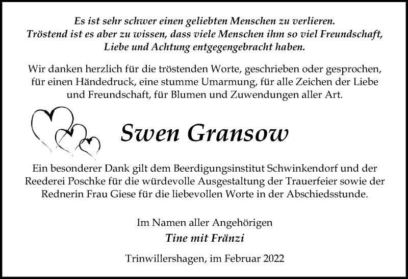  Traueranzeige für Swen Gransow vom 26.02.2022 aus Ostsee-Zeitung GmbH
