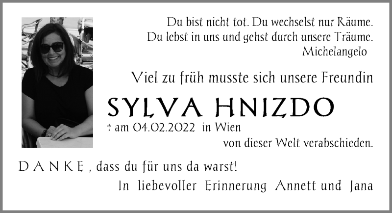  Traueranzeige für Sylva Hnizdo vom 12.02.2022 aus Leipziger Volkszeitung