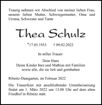 Traueranzeige von Thea Schulz von Ostsee-Zeitung GmbH