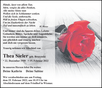 Traueranzeige von Thea Sieler von Ostsee-Zeitung GmbH