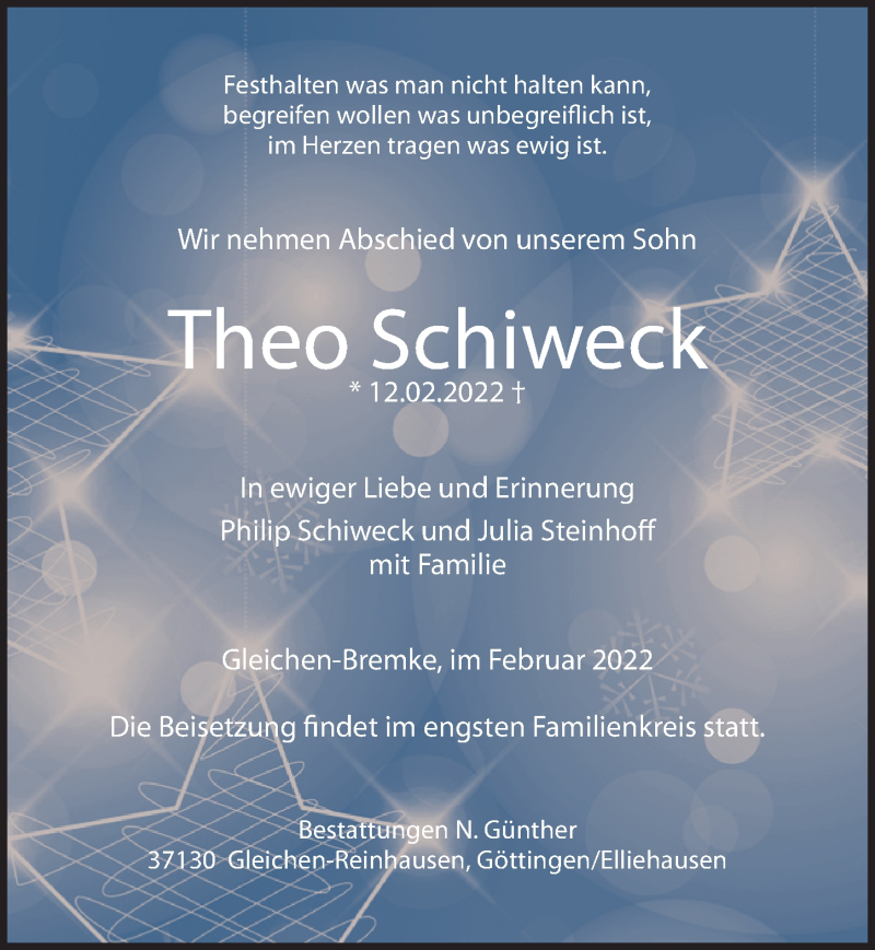  Traueranzeige für Theo Schiweck vom 19.02.2022 aus Göttinger Tageblatt