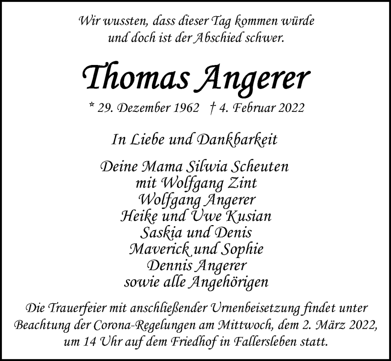  Traueranzeige für Thomas Angerer vom 12.02.2022 aus Aller Zeitung