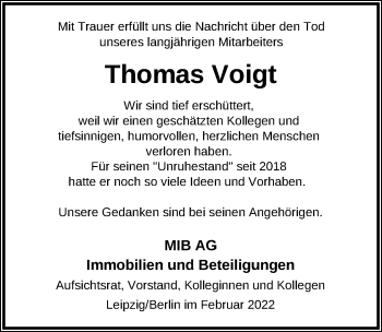 Traueranzeige von Thomas Voigt von Leipziger Volkszeitung