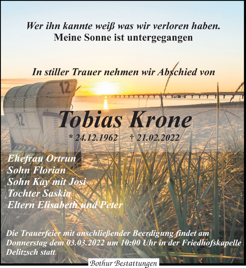  Traueranzeige für Tobias Krone vom 26.02.2022 aus Leipziger Volkszeitung