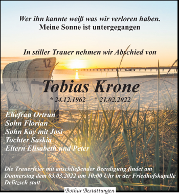 Traueranzeige von Tobias Krone von Leipziger Volkszeitung