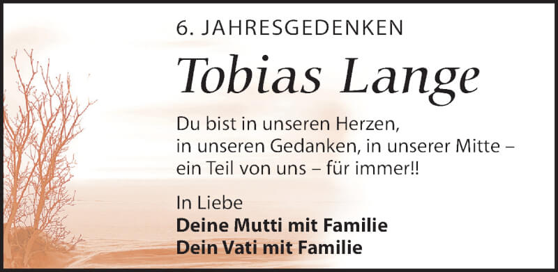  Traueranzeige für Tobias Lange vom 19.02.2022 aus Leipziger Volkszeitung