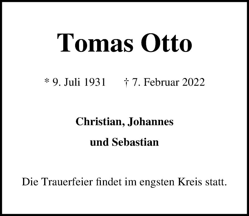  Traueranzeige für Tomas Otto vom 27.02.2022 aus Lübecker Nachrichten