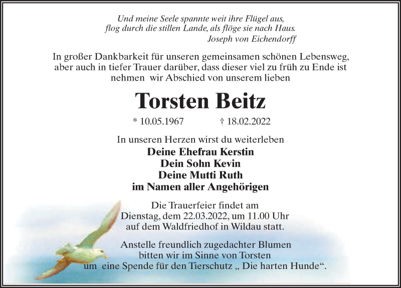  Traueranzeige für Torsten Beitz vom 26.02.2022 aus Märkischen Allgemeine Zeitung