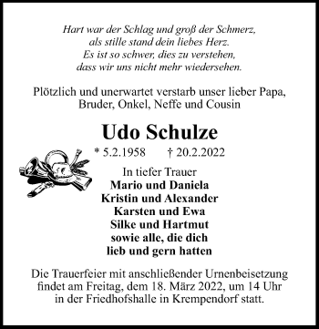 Traueranzeige von Udo Schulze von Märkischen Allgemeine Zeitung