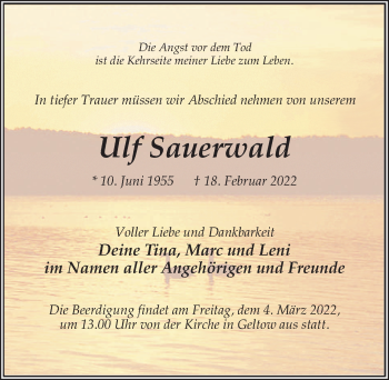 Traueranzeige von Ulf Sauerwald von Märkischen Allgemeine Zeitung
