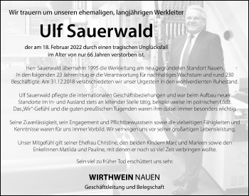 Traueranzeige von Ulf Sauerwald von Märkischen Allgemeine Zeitung