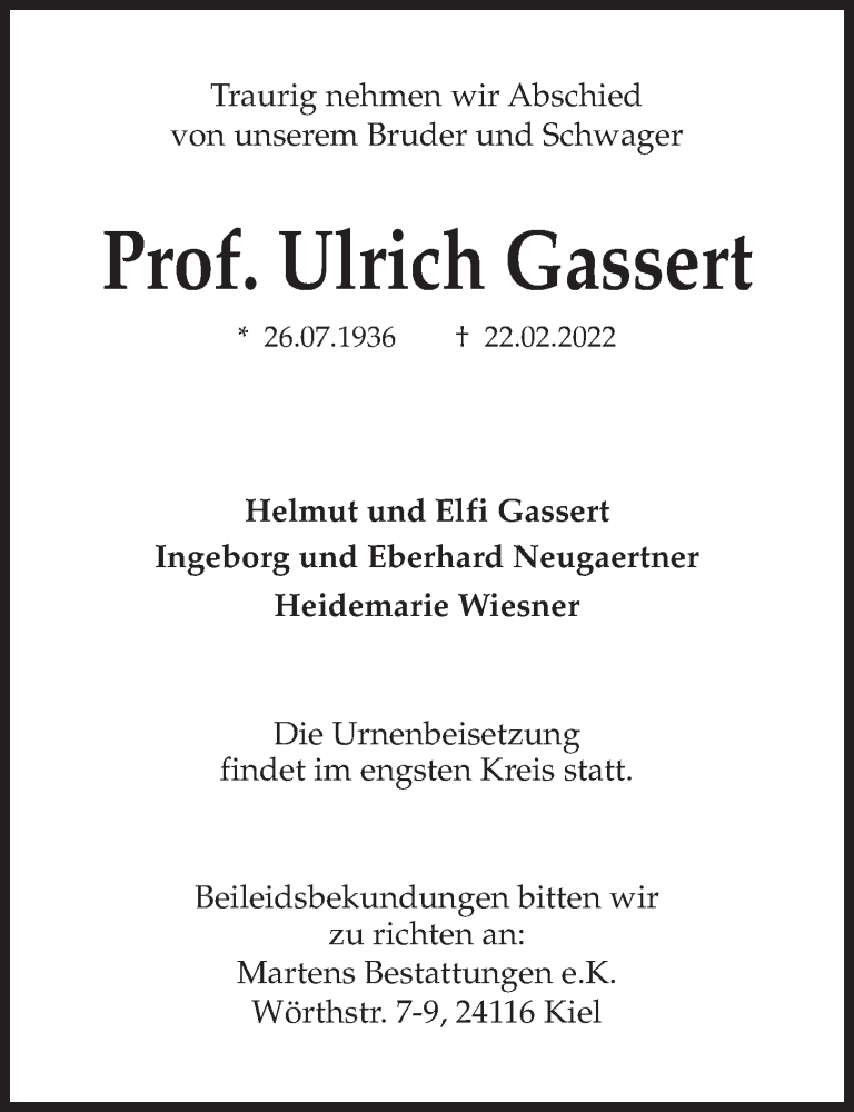 Traueranzeige für Ulrich Gassert vom 26.02.2022 aus Kieler Nachrichten